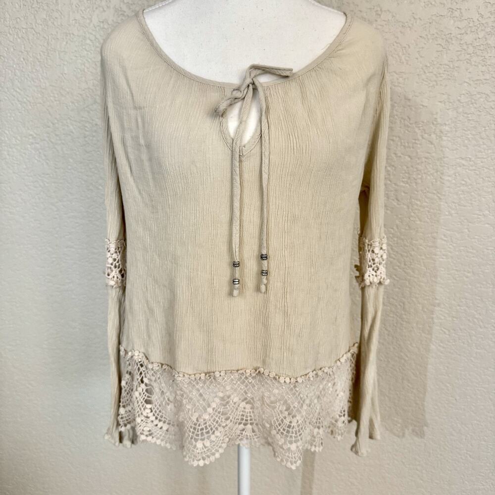 Y2k Rue 21 Medium Ivory V-Neck Lace Trim Peasant Blouse Top Boho Flowy Fairy